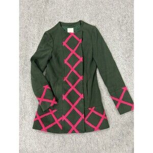 Anthropologie Women’s Sz 2 Elevenses Green Hot Pink Embroidered Long Coat Jacket